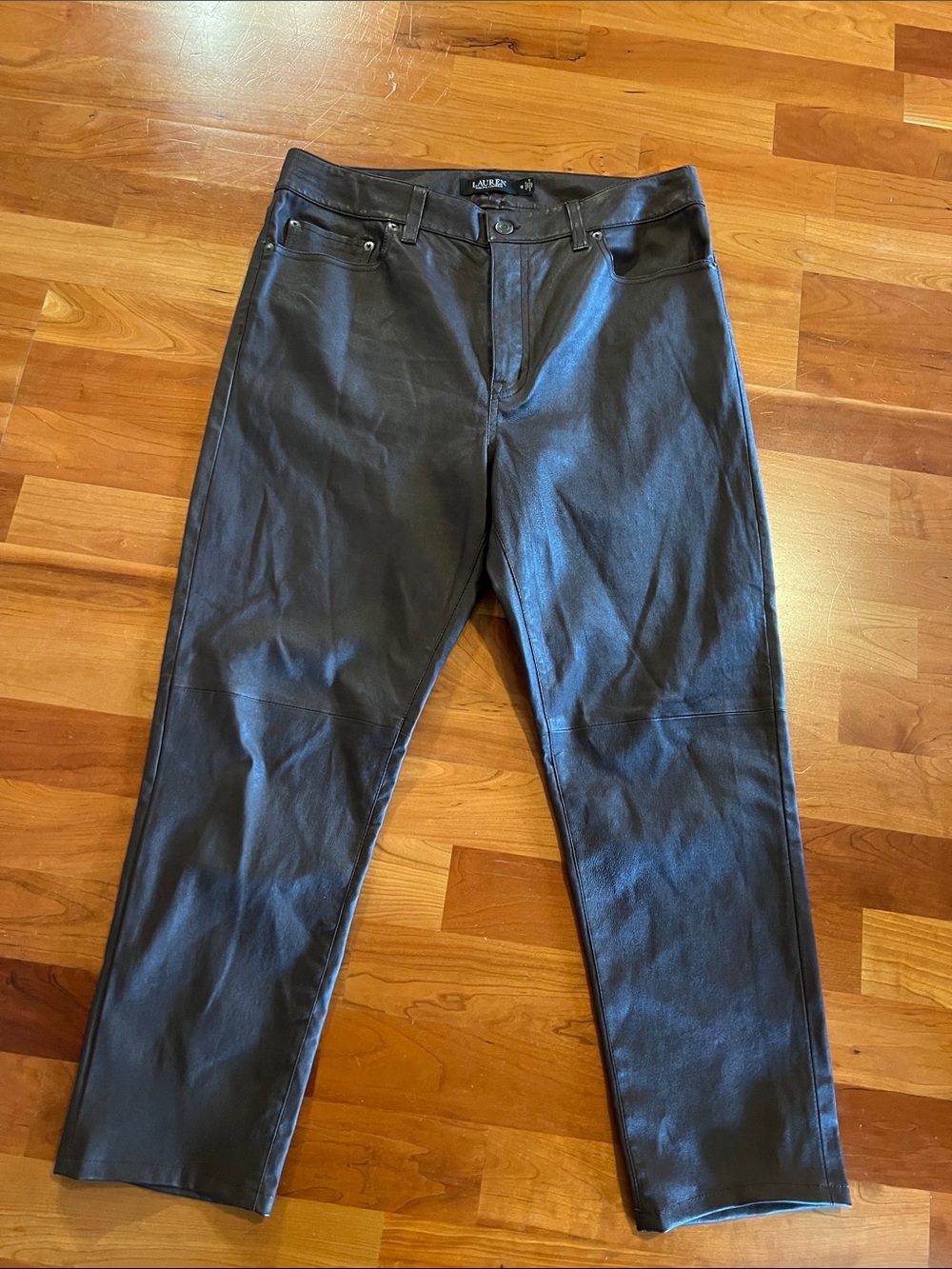 Ralph Lauren Women's Brown Slim Straight Leather Pants Black Lable